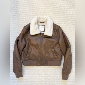 Hollister Brown Bomber Jacket - Faux Fur Collar & Faux Leather Medium